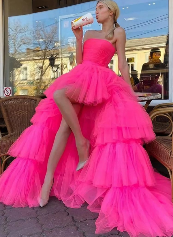 A-Line Strapless Sleeveless Tulle Asymmetrical Prom Dress With Cascading Ruffles