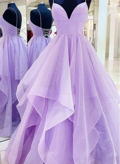 A-Line V-Neck Sleeveless Tulle Floor-Length Prom Dress With Cascading Ruffles