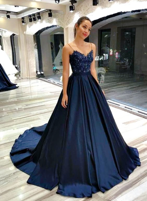 A-Line V-Neck Sleeveless Satin Sweep Train Prom Dress With Lace