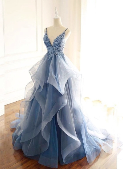 A-Line V-Neck Sleeveless Tulle Sweep Train Prom Dress With Lace