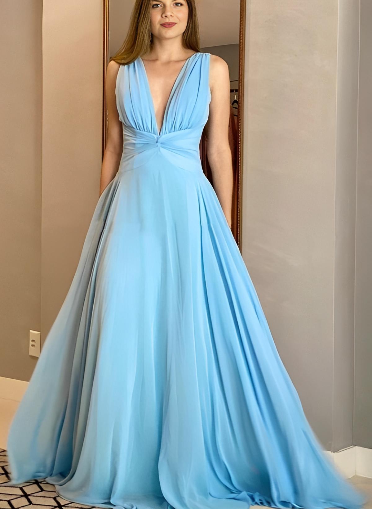 A-Line V-Neck Sleeveless Chiffon Floor-Length Prom Dress With Pleated