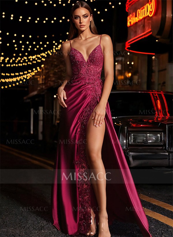 A-Line V-Neck Sleeveless Satin Floor-Length Prom Dress With Lace