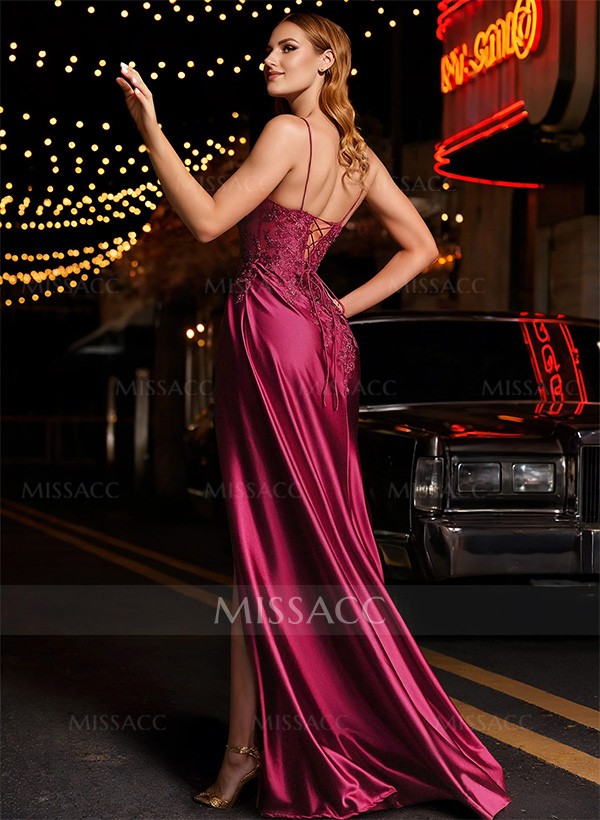A-Line V-Neck Sleeveless Satin Floor-Length Prom Dress With Lace