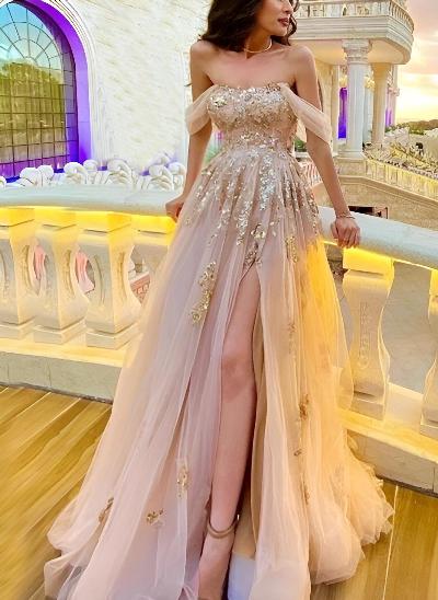 A-Line Off-the-Shoulder Short sleeves Tulle Floor-Length Prom Dress With Split Front Appliques Lace