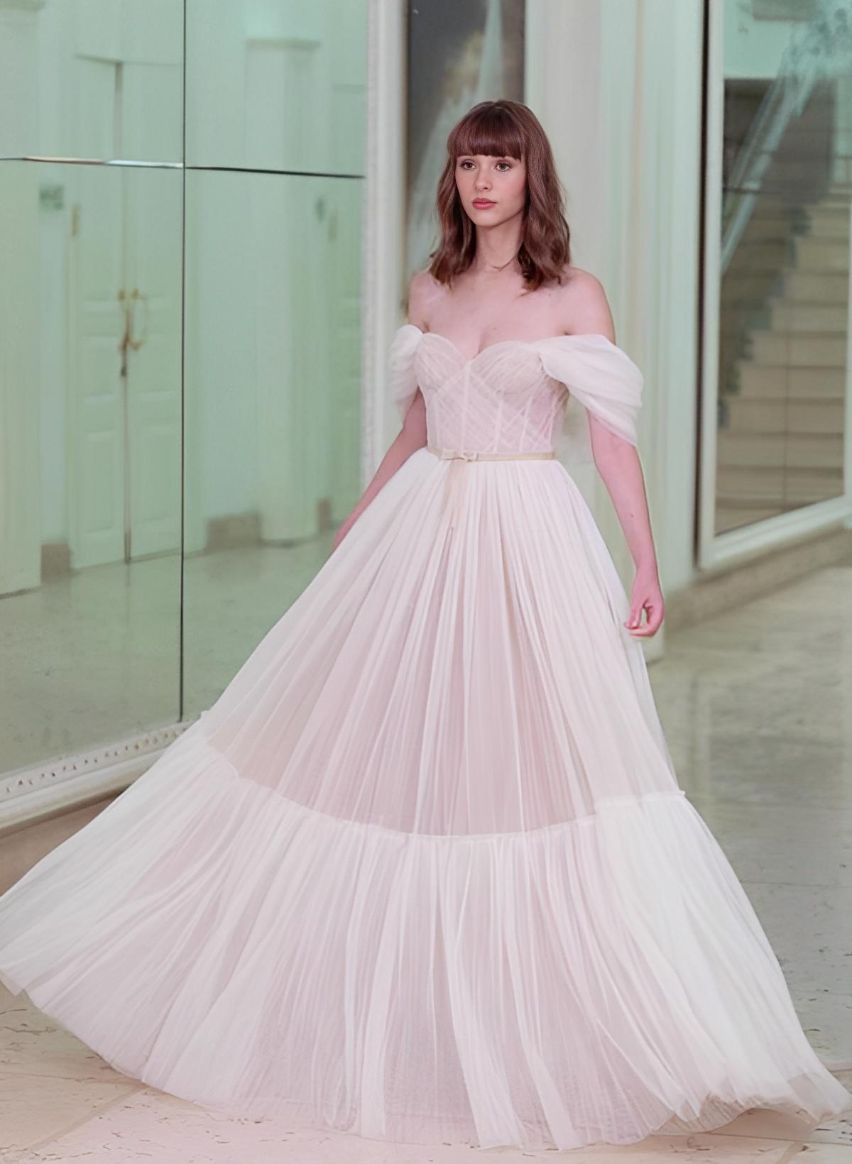 Ball-Gown Off-the-Shoulder Sleeveless Tulle Floor-Length Prom Dress/Evening Dress/Wedding Dress