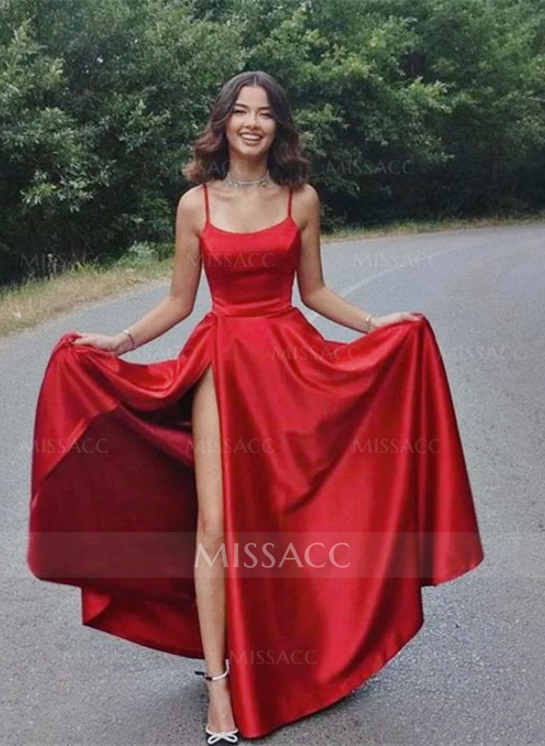 A-Line Square Neckline Sleeveless Floor-Length Prom Dress With Split Front