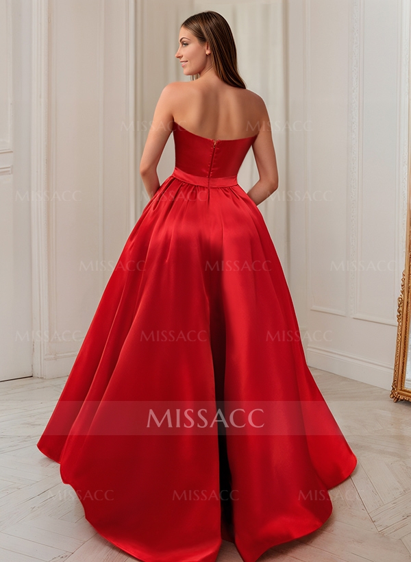 Ball-Gown/Princess Sleeveless Strapless Satin Asymmetrical Prom Dress With Pleated