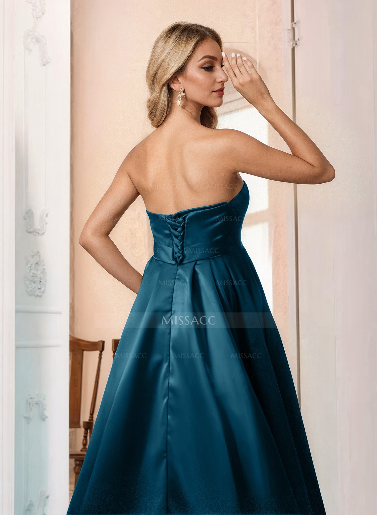 Ball-Gown/Princess Sleeveless Strapless Satin Asymmetrical Prom Dress With Pleated