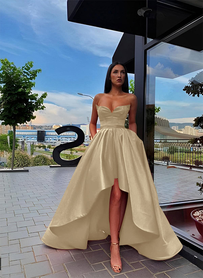 Ball-Gown/Princess Sleeveless Strapless Satin Asymmetrical Prom Dress With Pleated