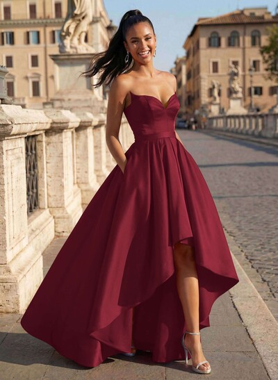 Ball-Gown/Princess Sleeveless Strapless Satin Asymmetrical Prom Dress With Pleated