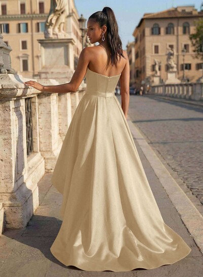 Ball-Gown/Princess Sleeveless Strapless Satin Asymmetrical Prom Dress With Pleated