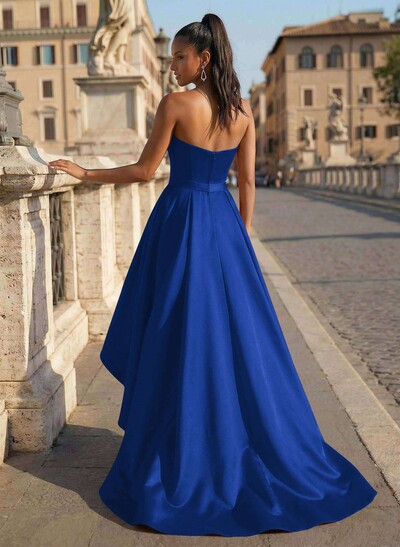 Ball-Gown/Princess Sleeveless Strapless Satin Asymmetrical Prom Dress With Pleated