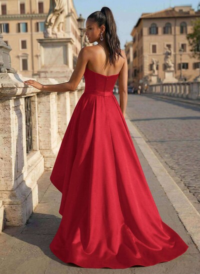 Ball-Gown/Princess Sleeveless Strapless Satin Asymmetrical Prom Dress With Pleated