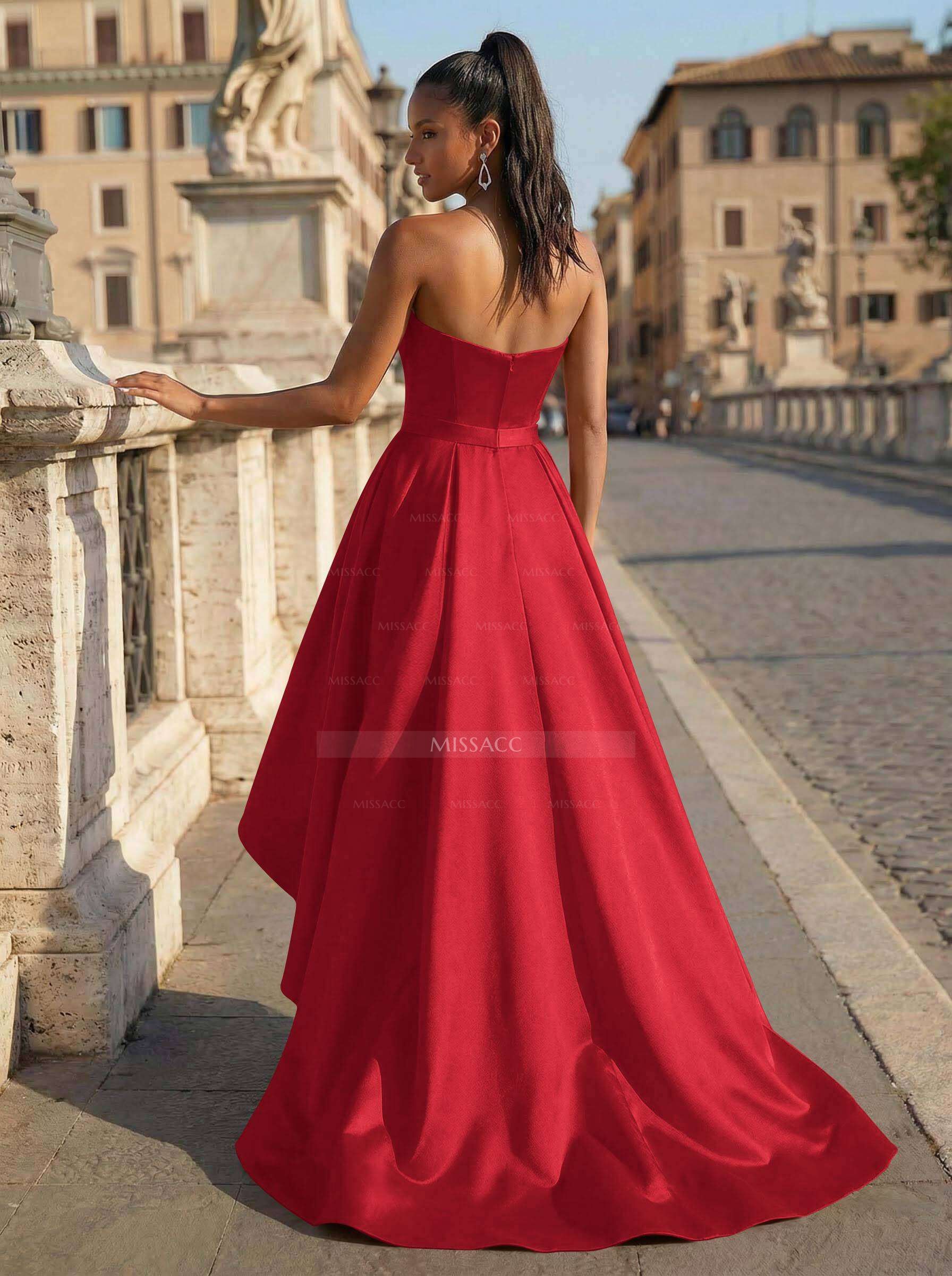 Ball-Gown/Princess Sleeveless Strapless Satin Asymmetrical Prom Dress With Pleated
