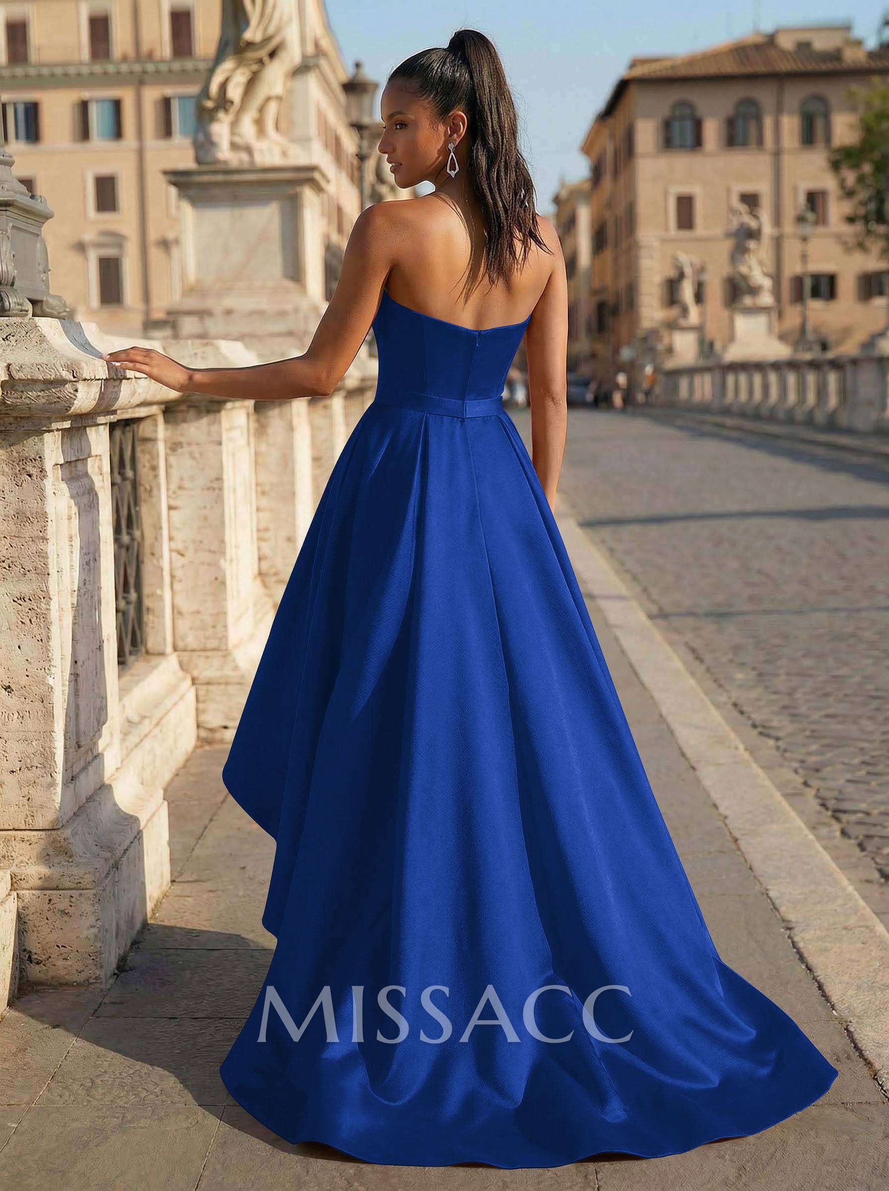 Ball-Gown/Princess Sleeveless Strapless Satin Asymmetrical Prom Dress With Pleated