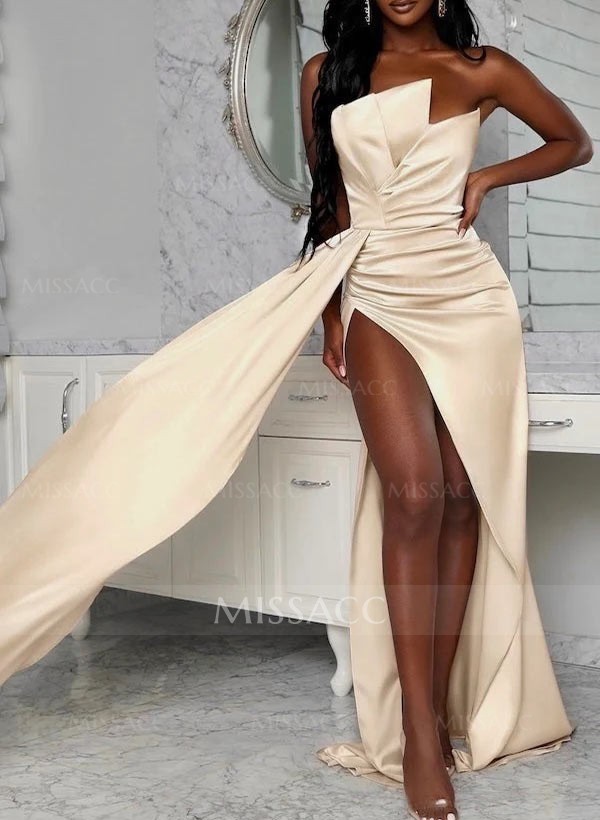 Sheath/Column Sweep Train Satin Prom Dress With High Split