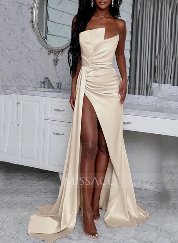 Sheath/Column Sweep Train Satin Prom Dress With High Split