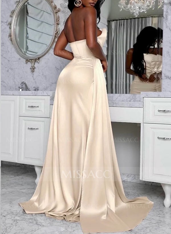 Sheath/Column Sweep Train Satin Prom Dress With High Split