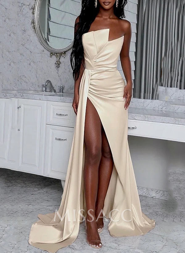 Sheath/Column Sweep Train Satin Prom Dress With High Split