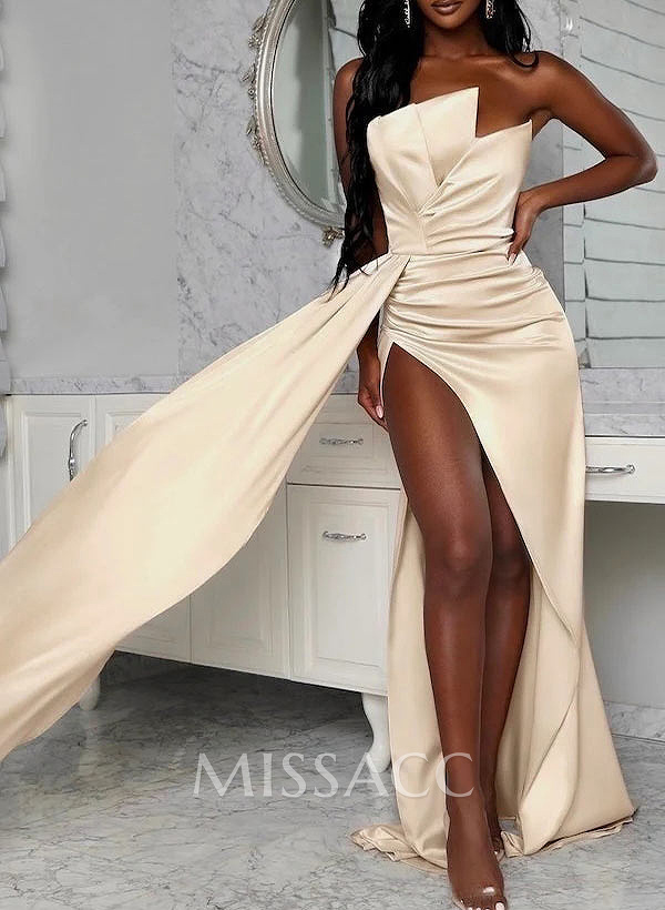 Sheath/Column Sweep Train Satin Prom Dress With High Split