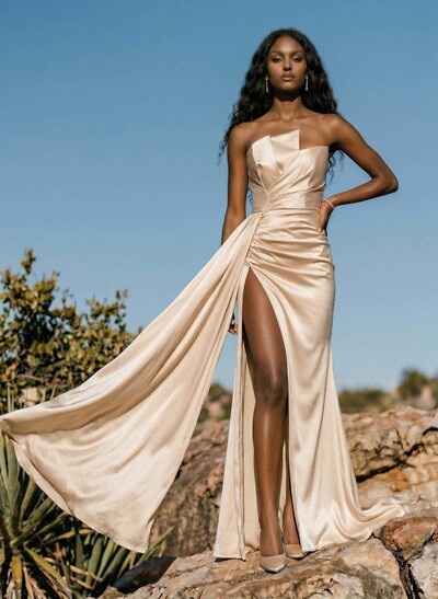Sheath/Column Sweep Train Satin Prom Dress With High Split
