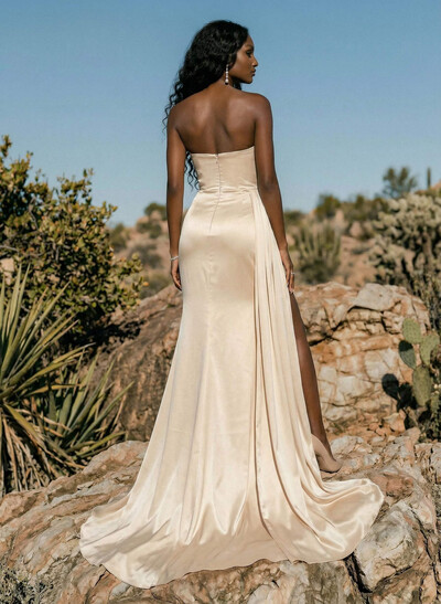 Sheath/Column Sweep Train Satin Prom Dress With High Split
