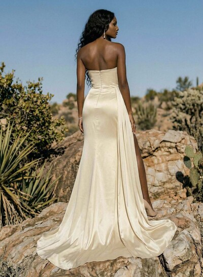 Sheath/Column Sweep Train Satin Prom Dress With High Split