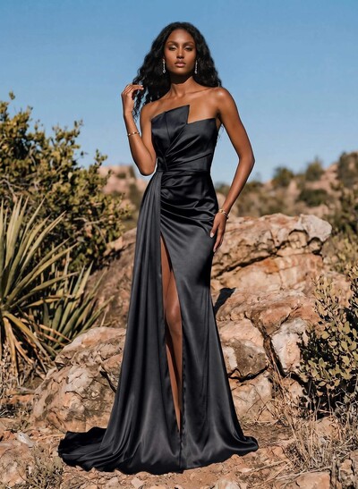 Sheath/Column Sweep Train Satin Prom Dress With High Split