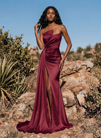 Sheath/Column Sweep Train Satin Prom Dress With High Split