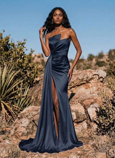 Sheath/Column Sweep Train Satin Prom Dress With High Split