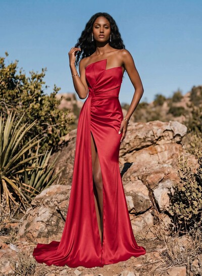 Sheath/Column Sweep Train Satin Prom Dress With High Split