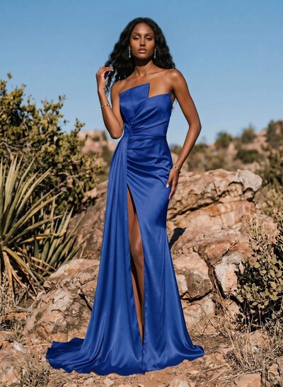 Sheath/Column Sweep Train Satin Prom Dress With High Split