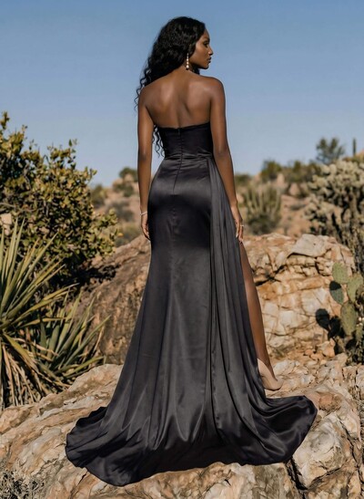 Sheath/Column Sweep Train Satin Prom Dress With High Split