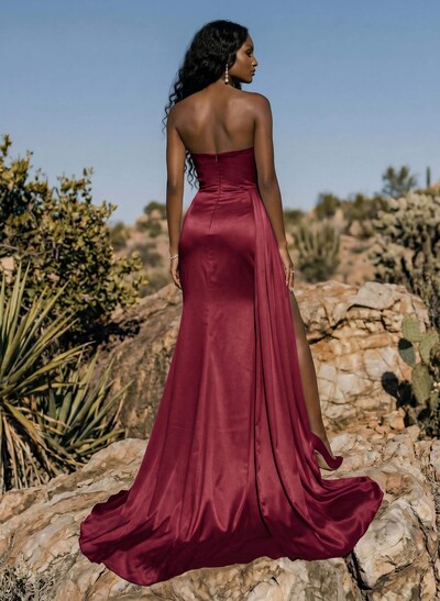Sheath/Column Sweep Train Satin Prom Dress With High Split