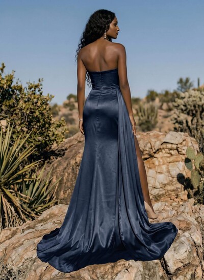 Sheath/Column Sweep Train Satin Prom Dress With High Split