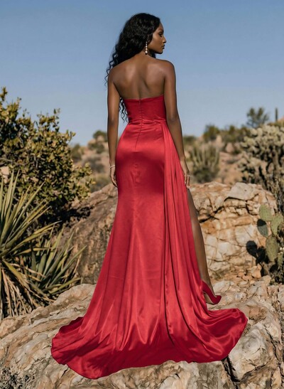 Sheath/Column Sweep Train Satin Prom Dress With High Split