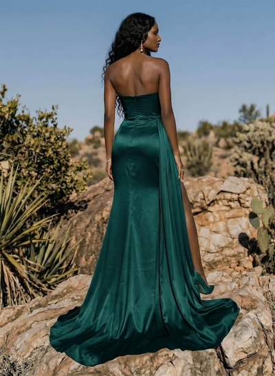 Sheath/Column Sweep Train Satin Prom Dress With High Split