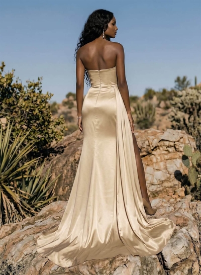 Sheath/Column Sweep Train Satin Prom Dress With High Split