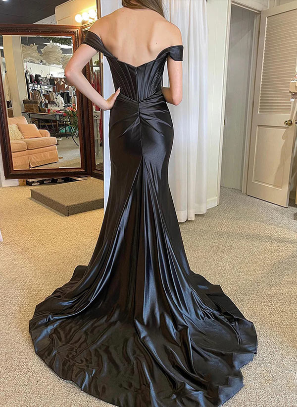 Sheath/Column Off-the-Shoulder Floor-Length Satin Prom Dress With Pleated Split Front