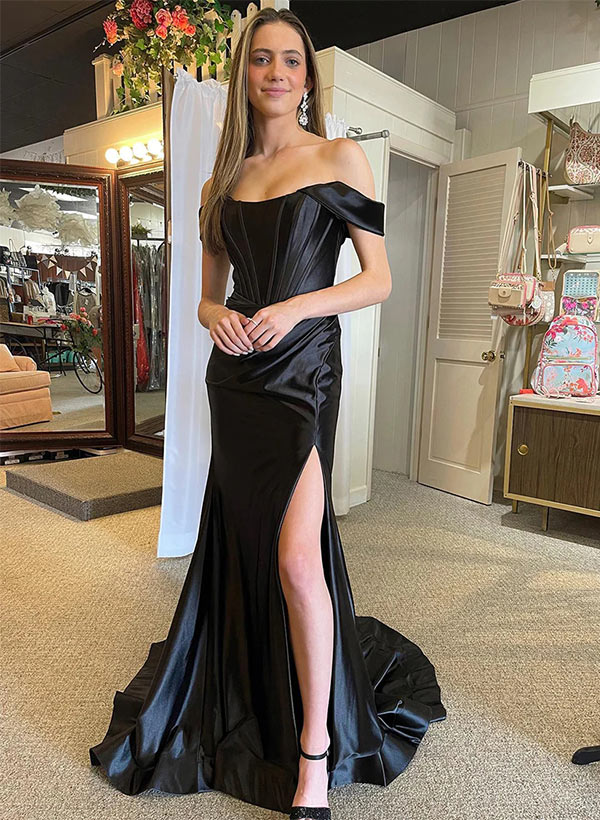 Sheath/Column Off-the-Shoulder Floor-Length Satin Prom Dress With Pleated Split Front