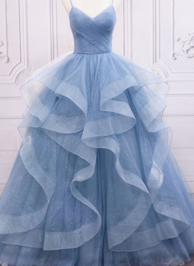 Ball-Gown V-neck Sleeveless Tulle Floor-Length Prom Dress With Cascading Ruffles