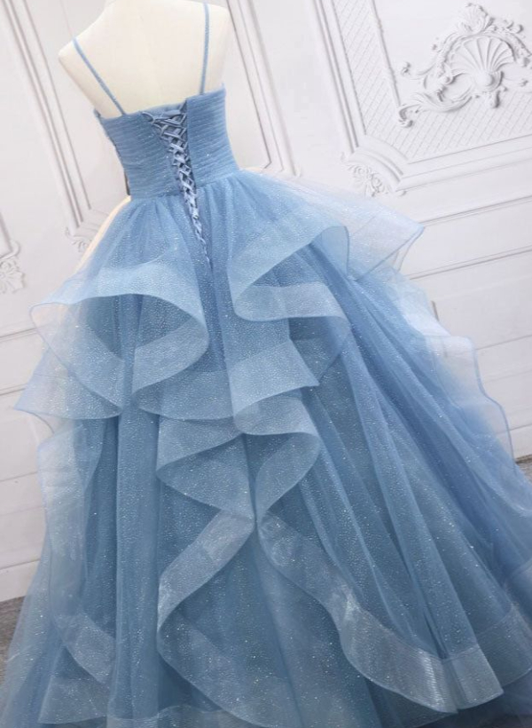 Ball-Gown V-neck Sleeveless Tulle Floor-Length Prom Dress With Cascading Ruffles