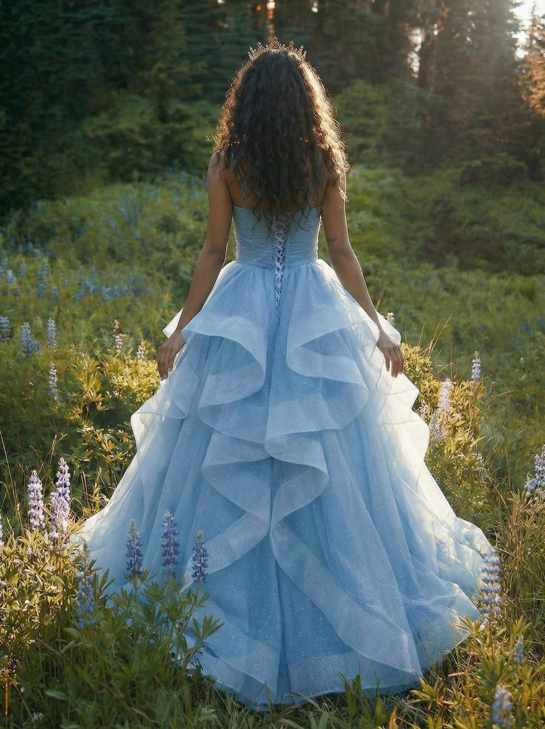 Ball-Gown V-Neck Sleeveless Tulle Floor-Length Prom Dress With Cascading Ruffles