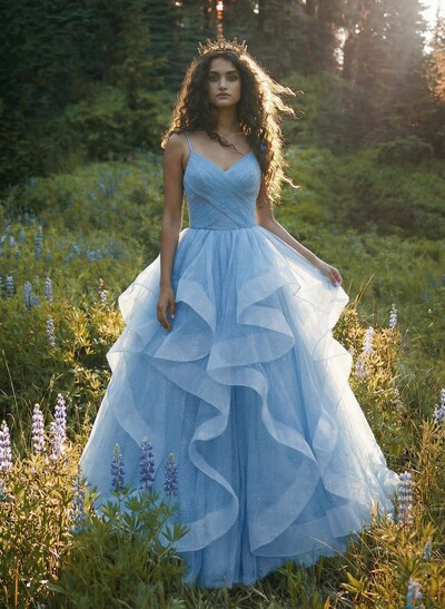 Ball-Gown V-Neck Sleeveless Tulle Floor-Length Prom Dress With Cascading Ruffles