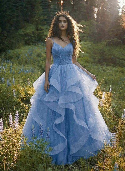 Ball-Gown V-Neck Sleeveless Tulle Floor-Length Prom Dress With Cascading Ruffles