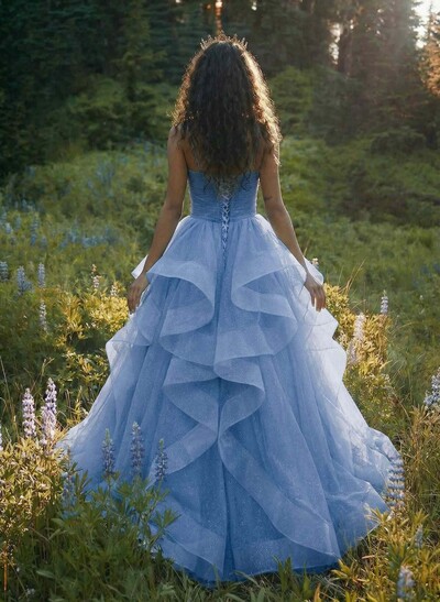 Ball-Gown V-Neck Sleeveless Tulle Floor-Length Prom Dress With Cascading Ruffles