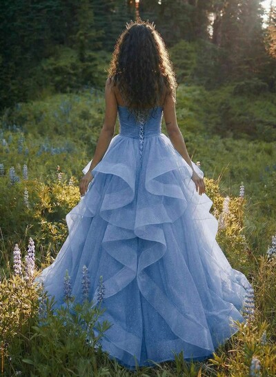 Ball-Gown V-Neck Sleeveless Tulle Floor-Length Prom Dress With Cascading Ruffles