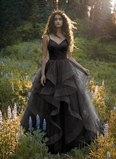 Ball-Gown V-Neck Sleeveless Tulle Floor-Length Prom Dress With Cascading Ruffles