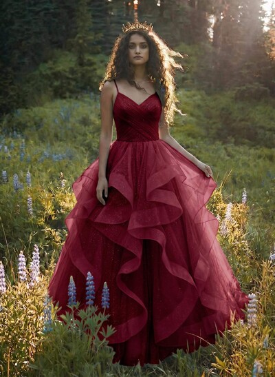 Ball-Gown V-Neck Sleeveless Tulle Floor-Length Prom Dress With Cascading Ruffles
