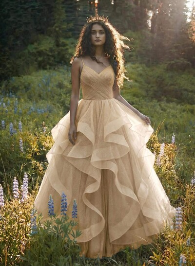 Ball-Gown V-Neck Sleeveless Tulle Floor-Length Prom Dress With Cascading Ruffles